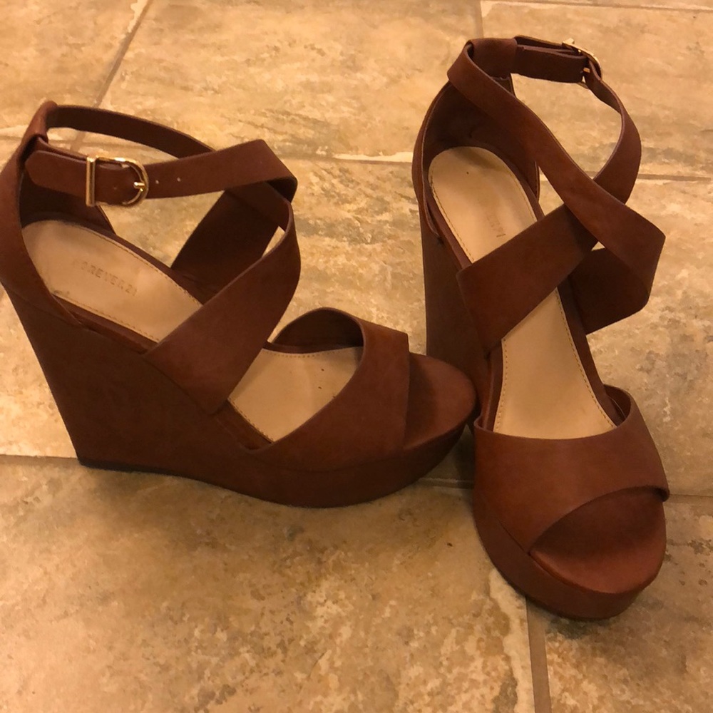 Brown strappy wedge sandals. Size 7.5